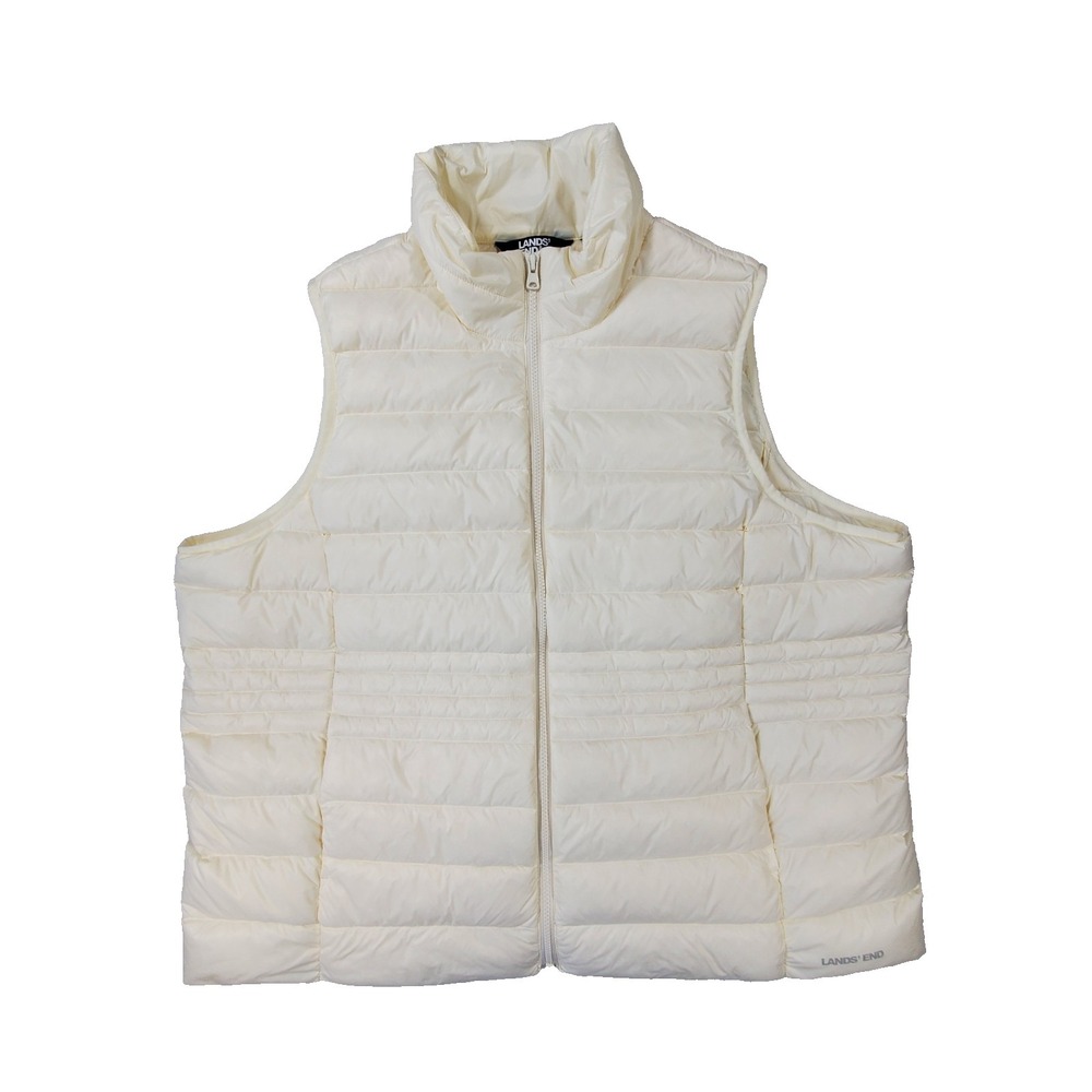 Lands' End White Down Puffer Vest Women's M Lightweight Full Zip Insulated